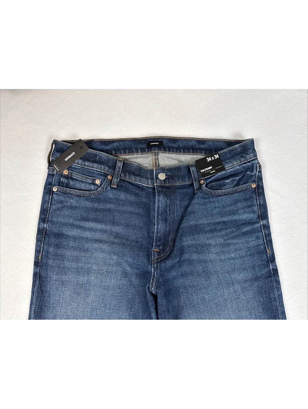 NWT Express Mens Slim Straight Stretch Jeans Medium Wash 34x34 47280434